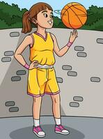 Basketball Girl Spinning the Ball Colored Cartoon vector
