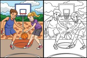 Basketball Kids Playing Coloring Page Illustration vector