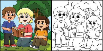 cristiano niños leyendo un Biblia ilustración vector