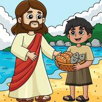 Christian Jesus Feeds 5000 People Colored Cartoon vector