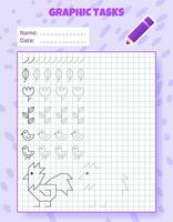 Drawing by cells. Educational game for preschool children. Worksheets for practicing logic and motor skills. Game for kids. Graphic tasks with different objects and elements. Vector illustration