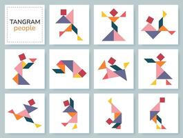 Tangram puzzle game for kids. Colorful geometric collection with isolated people in various poses. isolated Tangram people icons on white backdrop. Vector illustration