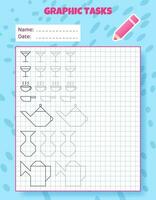 Drawing by cells. Educational game for preschool children. Worksheets for practicing logic and motor skills. Game for kids. Graphic tasks with different objects and elements. Vector illustration