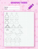 Drawing by cells. Educational game for preschool children. Worksheets for practicing logic and motor skills. Game for kids. Graphic tasks with different objects and elements. Vector illustration