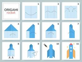 cohete origami esquema tutorial Moviente modelo. origami para niños. paso por paso cómo a hacer origami transporte. vector ilustración.