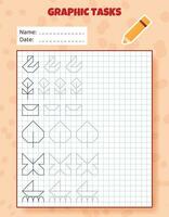 Drawing by cells. Educational game for preschool children. Worksheets for practicing logic and motor skills. Game for kids. Graphic tasks with different objects and elements. Vector illustration