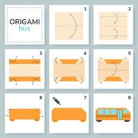 School bus origami scheme tutorial moving model. Origami for kids. Step by step how to make a cute origami transport. Vector illustration.