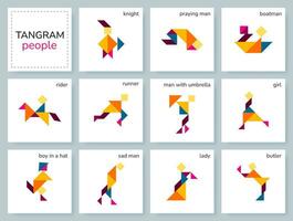 Tangram puzzle game for kids. Colorful geometric collection with isolated people in various poses. isolated Tangram people icons on white backdrop. Vector illustration