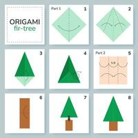 Fir origami scheme tutorial moving model. Origami for kids. Step by step how to make a cute origami fir-tree. Vector illustration.