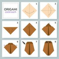 Cockroach origami scheme tutorial moving model. Origami for kids. Step by step how to make a cute origami insect. Vector illustration.