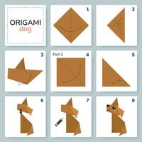 Dog origami scheme tutorial moving model. Origami for kids. Step by step how to make a cute origami puppy. Vector illustration.