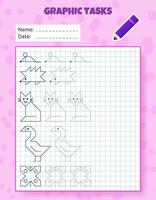 Drawing by cells. Educational game for preschool children. Worksheets for practicing logic and motor skills. Game for kids. Graphic tasks with different objects and elements. Vector illustration