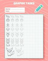 Drawing by cells. Educational game for preschool children. Worksheets for practicing logic and motor skills. Game for kids. Graphic tasks with different objects and elements. Vector illustration