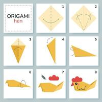 Hen origami scheme tutorial moving model. Origami for kids. Step by step how to make a cute origami bird. Vector illustration.