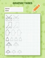 Drawing by cells. Educational game for preschool children. Worksheets for practicing logic and motor skills. Game for kids. Graphic tasks with different objects and elements. Vector illustration