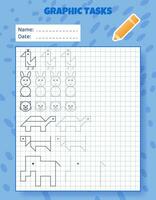 Drawing by cells. Educational game for preschool children. Worksheets for practicing logic and motor skills. Game for kids. Graphic tasks with different objects and elements. Vector illustration