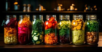 AI generated Pickles in different jars of various vegetables - AI generated image photo