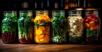 AI generated Pickles in different jars of various vegetables - AI generated image photo