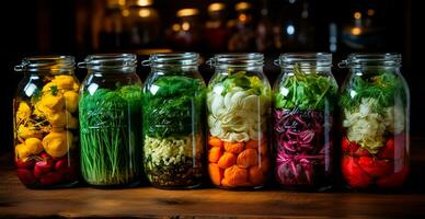 AI generated Pickles in different jars of various vegetables - AI generated image photo