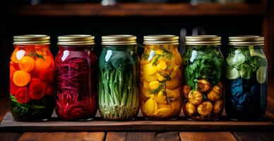 AI generated Pickles in different jars of various vegetables - AI generated image photo