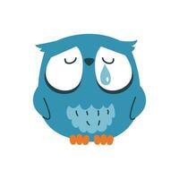 Funny sad owl crying, tear. Vector icon, bird sticker