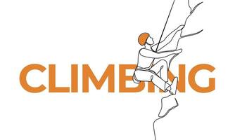 Single continuous line Sport Climbing. Type of sport, Climbing. Colored elements and title. One line vector