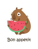 Bon appetit. Capybara with a written phrase, inscription, wish. Vector illustration