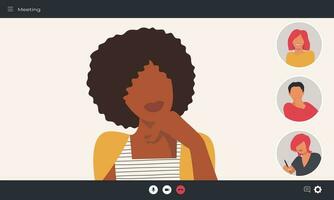 Screen demonstration. Black woman on video conference screen with video meeting participants. People at an online meeting, web conference, training. Vector illustration