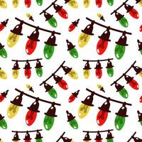 Seamless pattern of a Christmas tree garland on a white background. Symmetrical repetitions of the pattern. Colored cute lanterns, rounded light bulbs on a string. Vector background