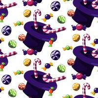 Pattern with a purple hat with sweets. The world of the creator of sweets. The chocolate factory. Various candies fly out of the hat on a white background. Seamless lollipops, lollipops. Fantastic vector