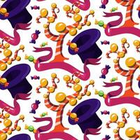 A pattern with a purple hat with a candy texture. The world of the candy maker. The chocolate factory. Hat, tree with caramels, chocolates, ribbon on a white background vector