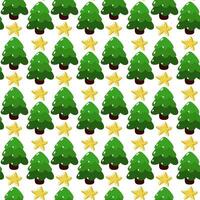 Seamless Christmas tree pattern on white background. Symmetrical repetitions of the pattern up the Christmas tree and the stars. Green cute rounded Christmas trees are growing up. Vector background