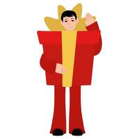 A man in a red gift suit with a bow is isolated on a white background. The guy in the costume of a big gift for celebrating New Year and Christmas. Family party, costume party vector