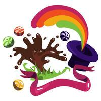 Purple hat with a rainbow. The world of the creator of sweets, chocolate, caramel. The chocolate factory. Chocolate and striped caramels, hat, rainbow, grass, ribbon. Magic sweets, chocolate fountain vector