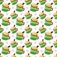 Print of a winter mug with cocoa, seamless pattern with cups for hot drinks. Vector seamless illustration. Children's illustration for printing on textiles and paper