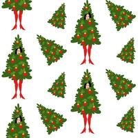 Christmas pattern. Woman in a costume of a decorated Christmas tree on a white background. Girl in a tree costume for celebrating New Year and Christmas against the background of other Christmas trees vector