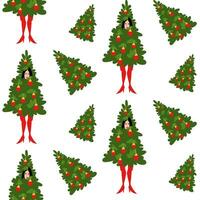 Christmas pattern. Woman in a costume of a decorated Christmas tree on a white background. Girl in a tree costume for celebrating New Year and Christmas against the background of other Christmas trees vector