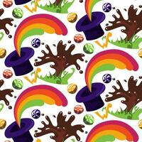 Pattern with a purple hat with sweets. The world of the creator of sweets. A splash of grass chocolate, colorful candies, a ribbon with the letter W on a white background. Lollipops caramels Fantastic vector