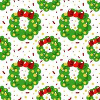 Seamless pattern of Christmas wreaths on a white background. Symmetrical repetitions of the pattern with confetti, toys and a bow. Green cute rounded curls to decorate the entrance area. Vector