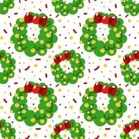 Seamless pattern of Christmas wreaths on a white background. Symmetrical repetitions of the pattern with confetti, toys and a bow. Green cute rounded curls to decorate the entrance area. Vector