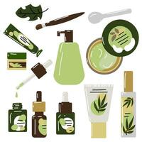 un conjunto de varios productos cosméticos para cuerpo, pelo y piel cuidado. un conjunto de orgánico productos cosméticos y maquillaje productos en botellas, tubos y frascos. color plano vector ilustración destacado en un blanco antecedentes