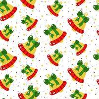 Winter seamless pattern with bells. Christmas template with green bows and confetti on a white background. Festive jingle for printing on textiles and paper. gift packaging vector
