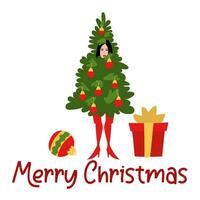 A greeting card for Christmas. A beautiful girl put on a Christmas tree costume in red tights. A decorated Christmas tree with a gift and a Christmas tree toy. Christmas set on a white background vector