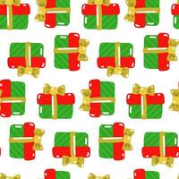 Pattern with Christmas gifts. The gift is a green striped box with a yellow bow on a white background. Seamless ornament for packaging for Christmas and New Year vector