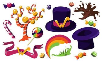 A set of Willy sweets creator. Hat, sweets, rainbow, grass, chocolate splash, caramel trees, striped sweets on a white background. A collection of parts from a fantastic chocolate factory vector