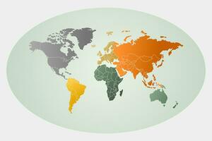 Vector world map in oval shape. Green and orange colors. photo