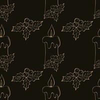 Christmas dark pattern of hand drawn outline candles and holly with berries. Doodles are drawn by hand. vector