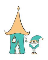 Fairytale fantasy gnome and house, hand drawn doodle sketch. Isolated, white background. Childrens design element. vector
