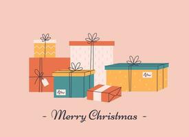 Merry Christmas greeting card with gift boxes. Christmas presents. Vector illustration in flat style