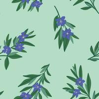 Periwinkle plants seamless pattern. Vector ornament of Vinca minor flowers. Botanical design in cartoon style.